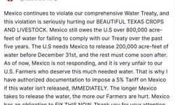 ABD Başkanı Trump’tan Meksika’ya su anlaşması uyarısı: "Yeterli su serbest bırakılmazsa, yüzde 5 gümrük vergisi uygulanacak"