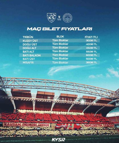 Kayserispor - Fenerbahçe maçının bilet fiyatları belli oldu