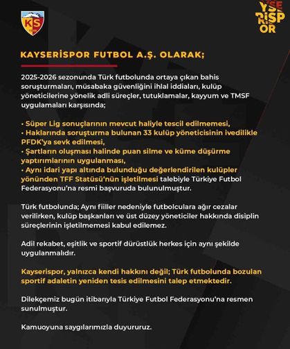 Kayserispor'dan TFF'ye 'adalet' dilekçesi