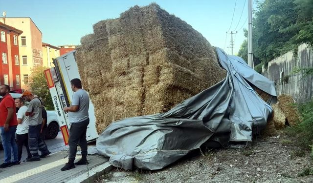 Bartın'da saman yüklü tır devrildi