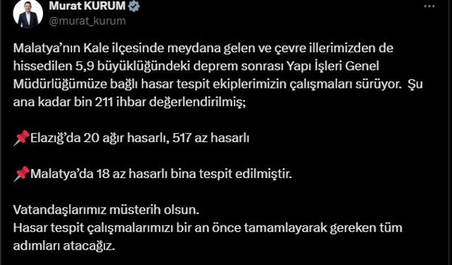 Bakan Kurum: "Vatandaşlarımız müsterih olsun, gereken adımları atacağız"