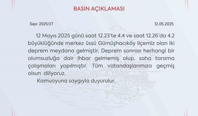 Amasya Valiliği: "Deprem sonrası herhangi bir olumsuzluğa dair ihbar gelmedi"