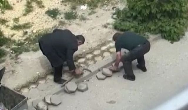 Sokaktaki kaldırım taşlarını söktü, görüntüleri yayılınca geri yerine koydu