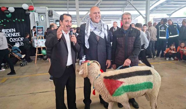 Üzerinde Türkiye ve Filistin bayrakları çizili olan koç, Filistinliler için açık artırmaya çıkarıldı