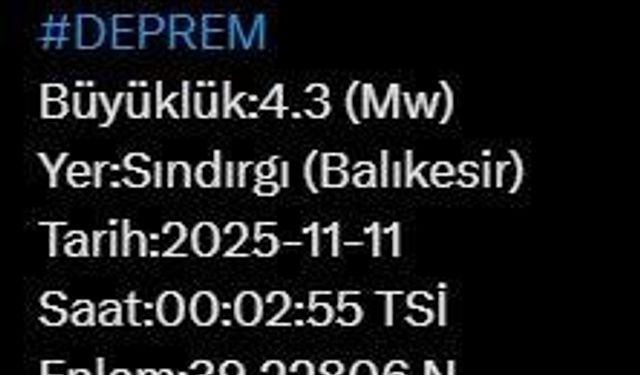 Balıkesir’de 4.3 büyüklüğünde deprem