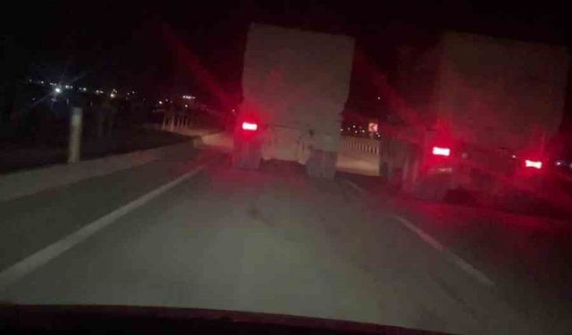 Trafikte 100’ü bulan hızla yarışan kamyonların o anları kamerada