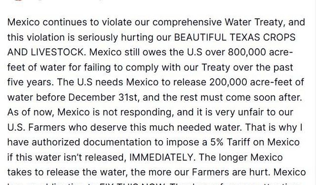 ABD Başkanı Trump’tan Meksika’ya su anlaşması uyarısı: "Yeterli su serbest bırakılmazsa, yüzde 5 gümrük vergisi uygulanacak"