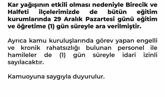 Halfeti ve Birecik'te de okullar tatil edildi