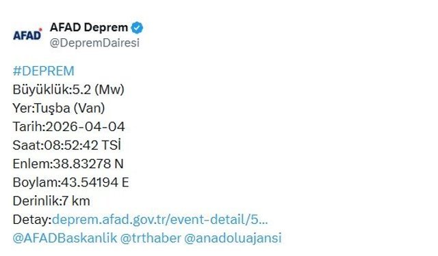 Van'da 5.2 büyüklüğünde deprem