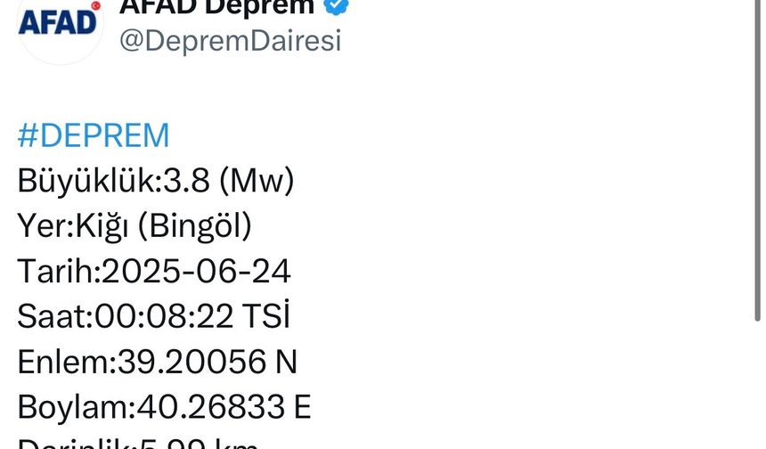 Bingöl’de 3.8 büyüklüğünde deprem