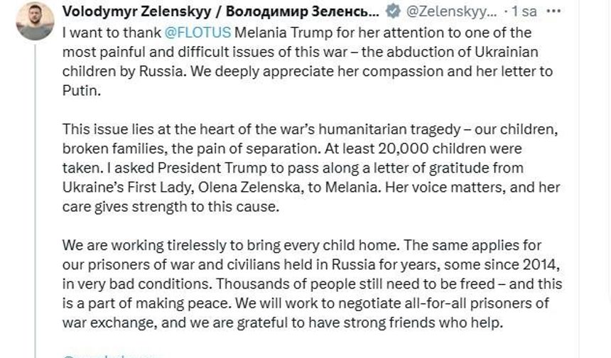 Ukrayna Devlet Başkanı Zelenskiy’den ABD First Lady’si Melania Trump’a teşekkür