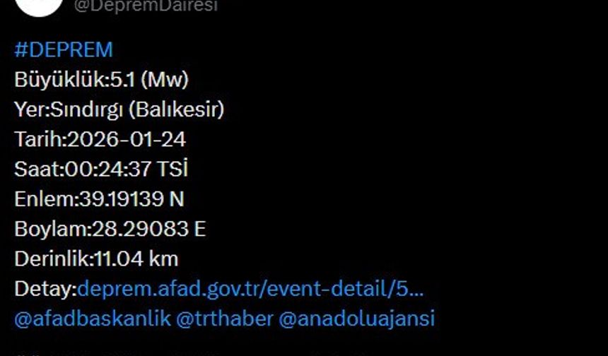 Balıkesir'de 5.1 büyüklüğünde deprem