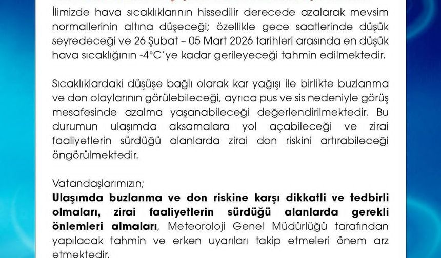 Niğde'de meteorolojik uyarı: Don ve buzlanmaya dikkat