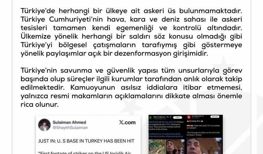 DMM: 'Türkiye'de herhangi bir ülkeye ait askeri üs bulunmamaktadır'