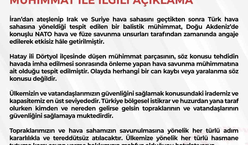 MSB: 'Türk hava sahasına yönelen balistik mühimmat Doğu Akdeniz'de etkisiz hale getirildi'