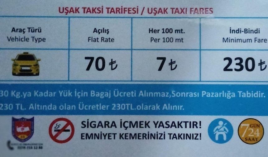 Uşak'ta taksi indi-bindi ücreti 230 TL oldu